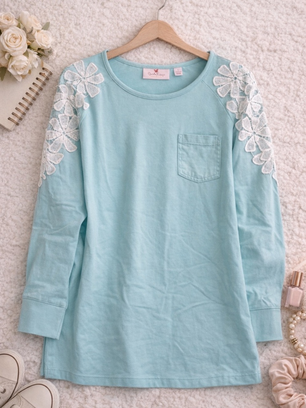 Quacker Factory Aqua Lace Shoulder Top L Embellished Floral Blouse